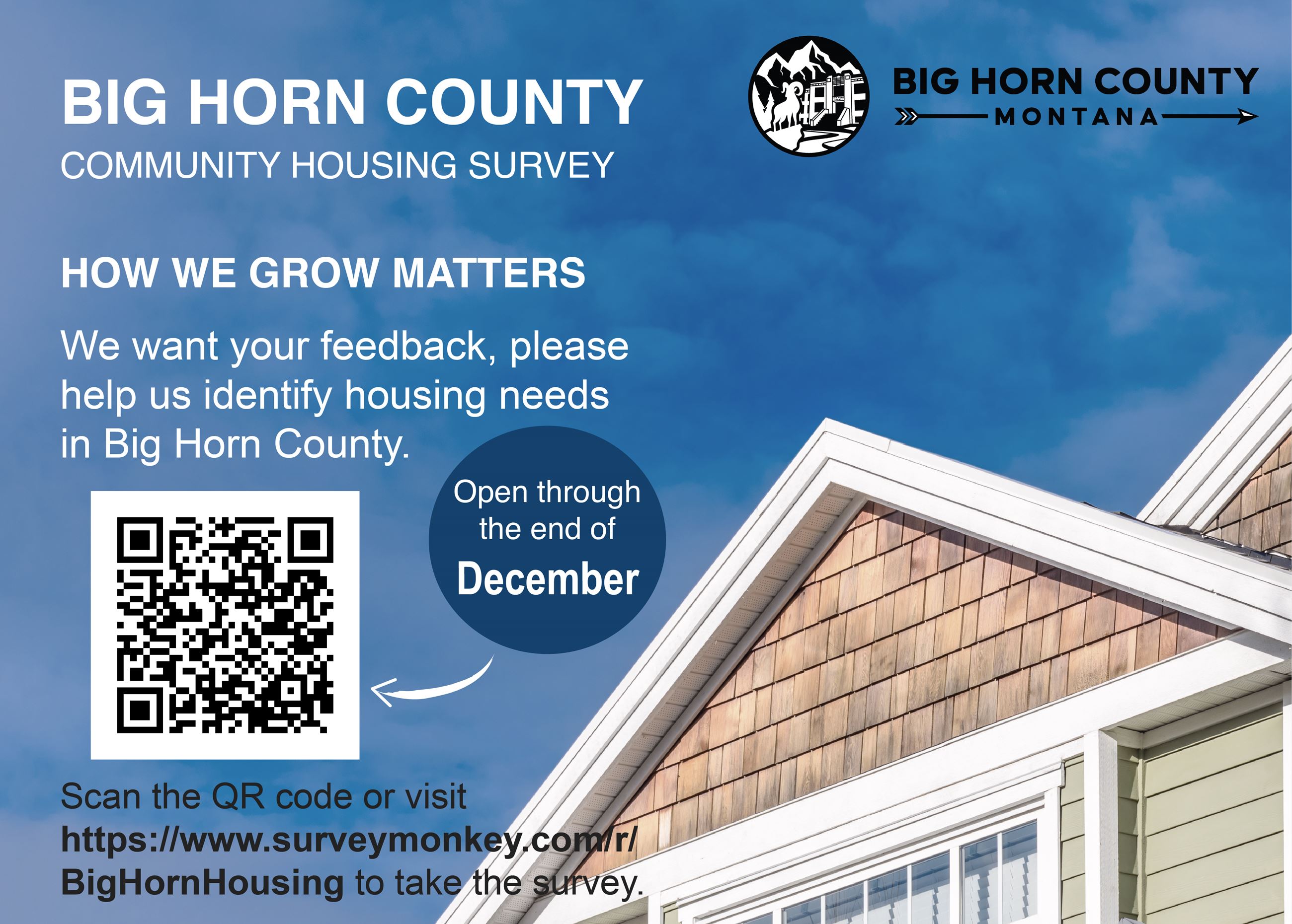 The Big Horn County Community Housing Survey flyer invites feedback on housing needs.